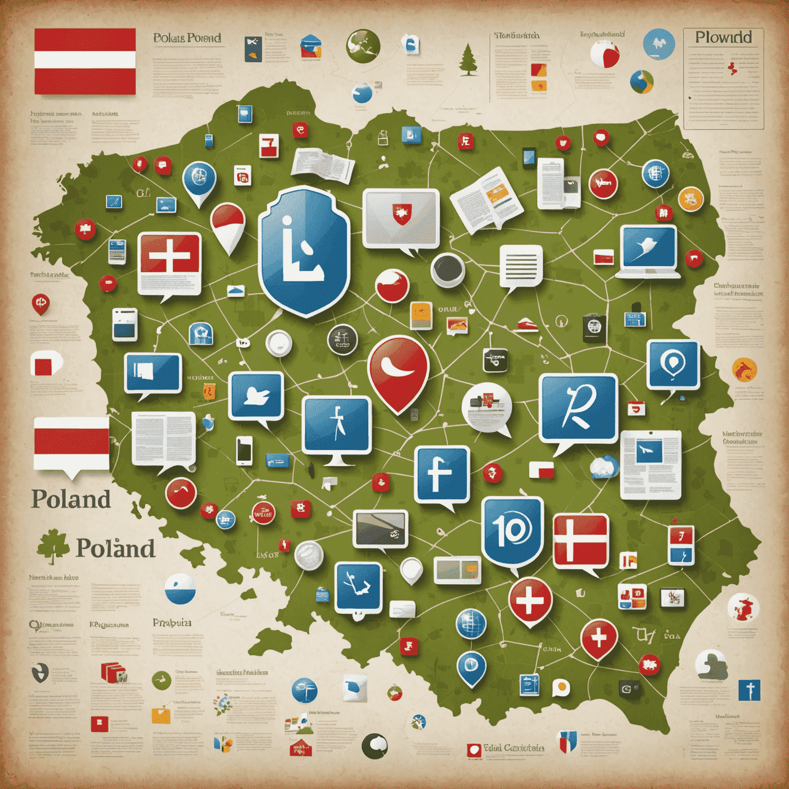 Mapa Polski z ikonami wiadomości, gazet i urządzeń elektronicznych reprezentujących aktualne informacje z kraju i ze świata