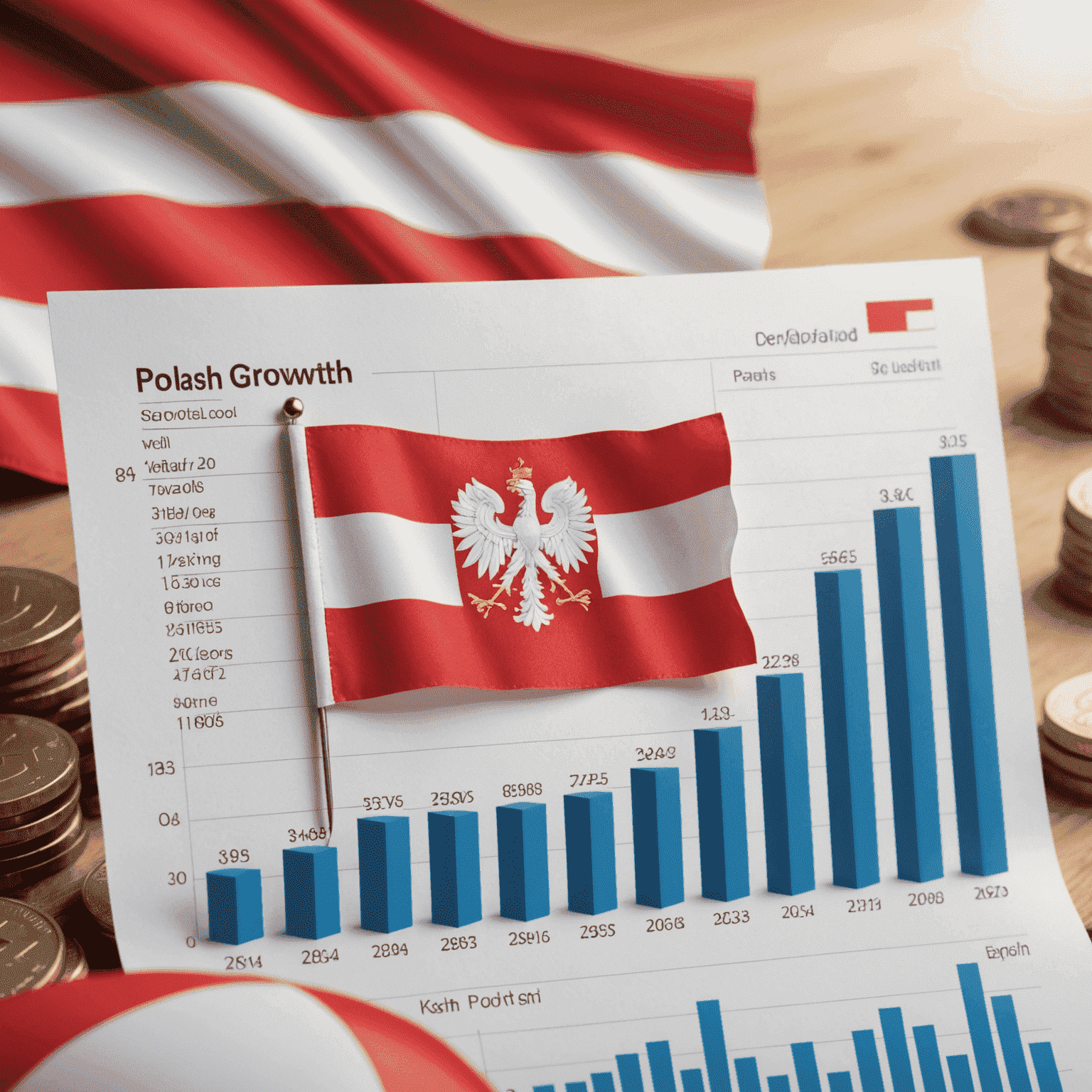 Grafika przedstawiająca wykres wzrostu gospodarczego Polski z flagą Polski w tle