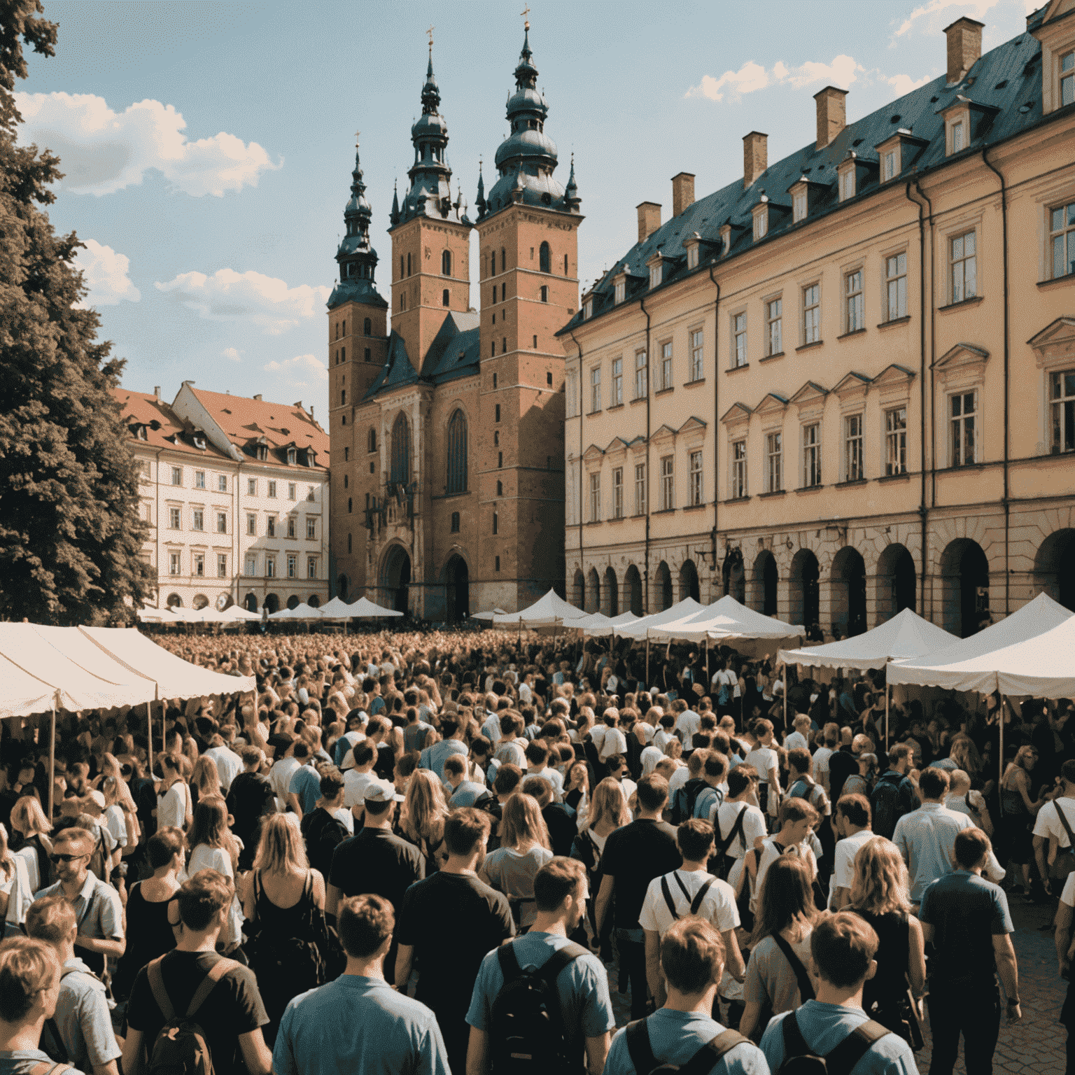 Tłum ludzi na festiwalu muzycznym w Krakowie, w tle widoczne historyczne budynki